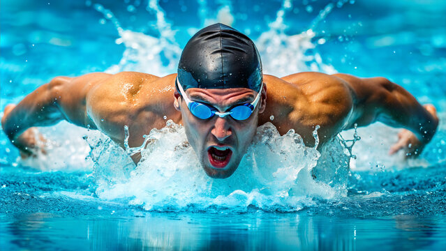 a man emerging from the water while swimming the butterfly stroke.
