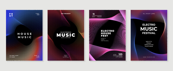 Music poster design background vector set. Electro Sound Cover template with vibrant perspective 3d geometric prism shape. Ideal design for social media, flyer, party, music festival, club.