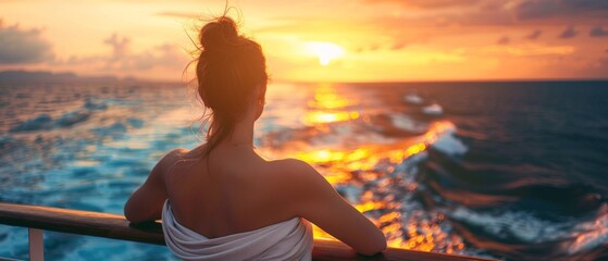 A woman stands on the back deck of a cruise ship, bathed in the warm glow of the setting sun as it dips below the horizon of a wavy lake, creating a luxurious and relaxing atmosphere.