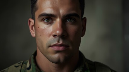 Obraz premium Close-up of a male soldier staring at the camera , military man face.