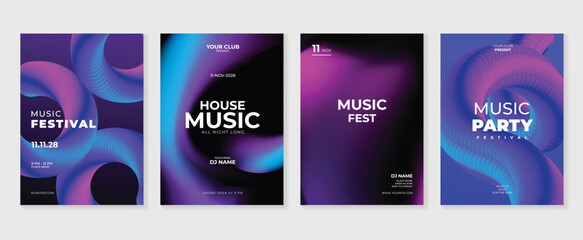 Music poster design background vector set. Electro Sound Cover template with abstract gradient line wave. Ideal design for social media, flyer, party, music festival, club.