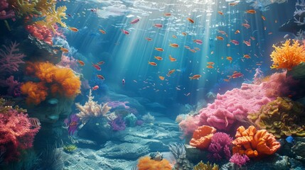 The serene beauty of a futuristic seascape is highlighted by a colorful coral reef and a team of fish moving in harmony