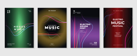 Music poster design background vector set. Electro Sound Cover template with abstract gradient line wave. Ideal design for social media, flyer, party, music festival, club.