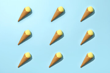Ice cream cone with melon flavor on a blue background