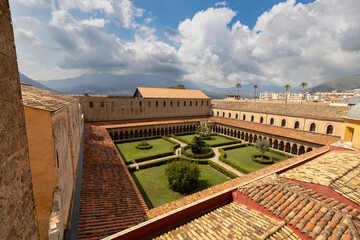 MONREALE, ITALY 16 JUNE, 2023 - Aerial view of the Benedictine Cloister in Monreale, province of...