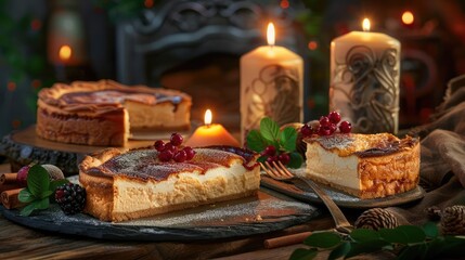 Obraz premium Cozy autumn evening with lit candles and delicious cheesecake garnished with berries, set in a warm, rustic atmosphere.