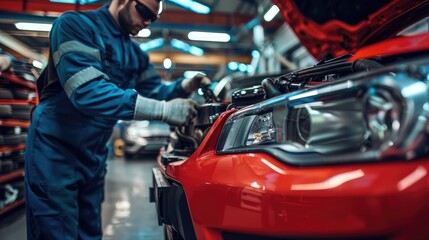 Close-up of a car repair service technician in a car repair station