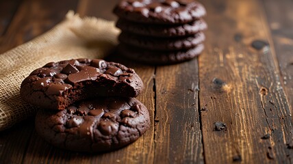 Chocolate cookies on on rustic wooden table .