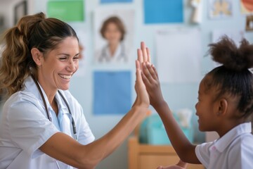 Fototapeta premium Doctor Smiles and High-Fives Biracial Patient in Heartwarming Encounter