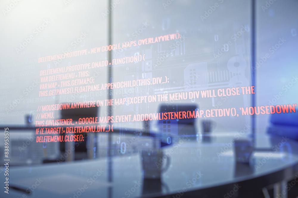 Poster multi exposure of abstract software development hologram on a modern meeting room background, resear