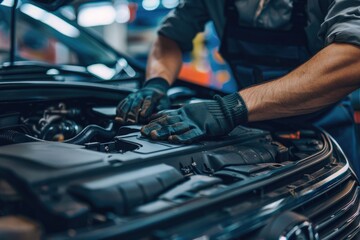 Obraz premium Close-up of a car repair service technician in a car repair station