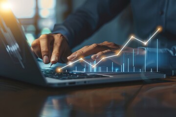 Investment strategy planning. Businessperson hands use a laptop with arrows graphically displayed on an upward growth screen, analyzing financial growth charts, and business planning.