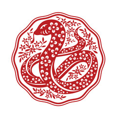 Chinese Zodiac Animals - Red paper cuting snake and flower leaf around in circle zigzag curve frame vector design