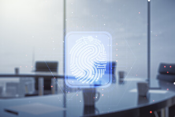 Abstract virtual fingerprint illustration on a modern coworking room background, personal biometric...