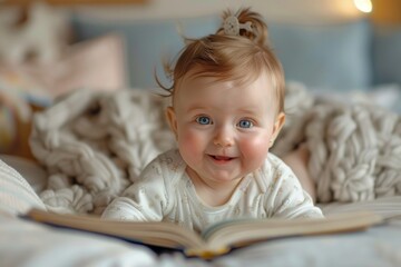 Fototapeta premium A baby is laying on a bed with an open book in front of her