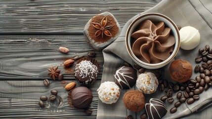 Fototapeta premium Assorted artisanal chocolate truffles on a rustic wooden table with cocoa beans and coffee beans, perfect for gourmet food photography.