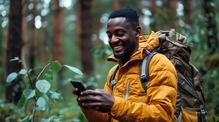 Technology usage, where the man remains present in nature while still utilizing digital tools