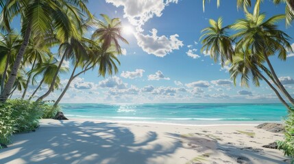 Scenic tropical beach with palm trees, azure waters, and bright sunshine under a blue sky with fluffy white clouds. Perfect vacation destination.