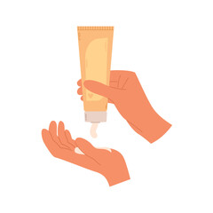 Obraz premium Woman hand squeezing cream from a cosmetics tube to a palm. Skincare daily routine