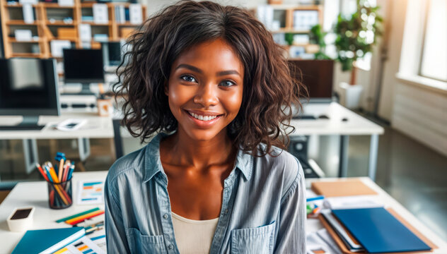 Smiling businesswoman in a modern office. Concept: Professionalism and confidence. Relevant for corporate promotions, business websites, or articles on career success and workplace diversity