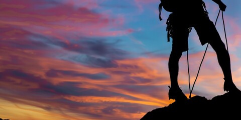 Mountain climber's silhouette against a sunrise, close-up on outlined figure, vibrant sky background. 