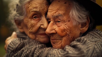 Two elderly people hug each other
