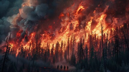 Fototapeta premium A wall of flames consuming a forest, smoke billowing into the sky, with firefighters dwarfed by the scale
