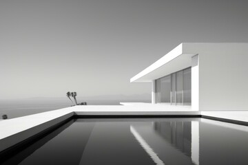 Obraz premium Black and white image of a luxurious minimalist villa with infinity pool and sea view