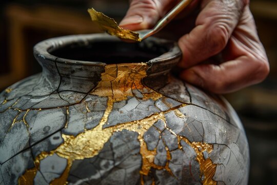 Close-up of a skilled hand carefully applying gold leaf to mend a crack in a ceramic vase