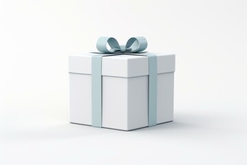 Minimalist white gift box tied with a satin blue bow on a clean background