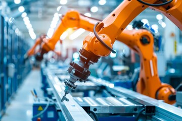 Professional Photography of a manufacturing plant with robotic arms assembling products, Generative AI