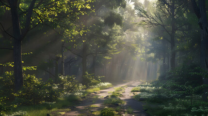 Fototapeta premium Sun rays peek through misty green trees, casting a magical light on a forest path