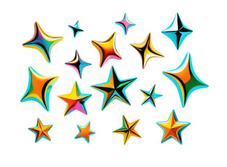 Shiny iridescent chrome stars and sparkles, design elements set, png isolated background