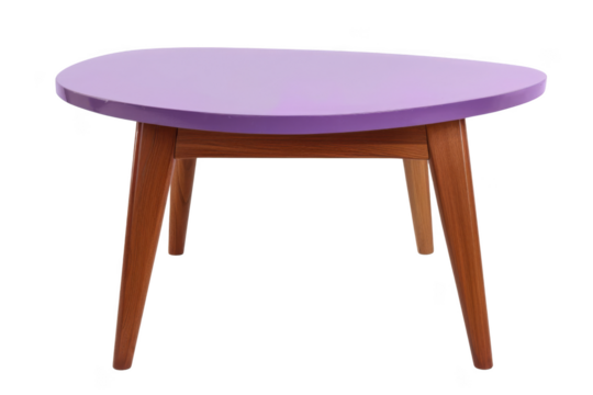 A purple table with wooden legs