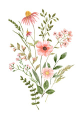 A watercolor floral bouquet illustration. Delicate pastel pink wildflowers and herbs arrangement. PNG clipart.