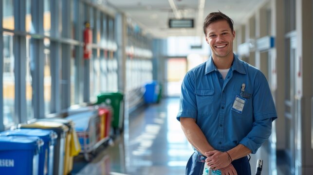 The hospital janitor smiling