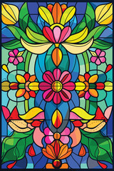 Illustration in stained glass style with abstract flowers, leaves and curls, rectangular image. Vector