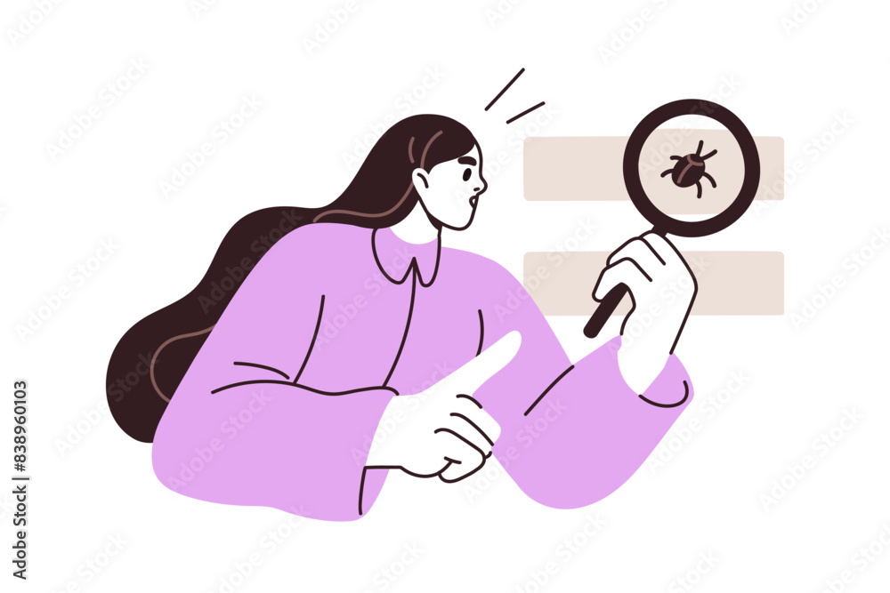 Aufkleber Bug searching, technology concept. QA tester looking for software errors, debugging code, checking malware. Scanning script with magnifier. Flat vector illustration isolated on white background