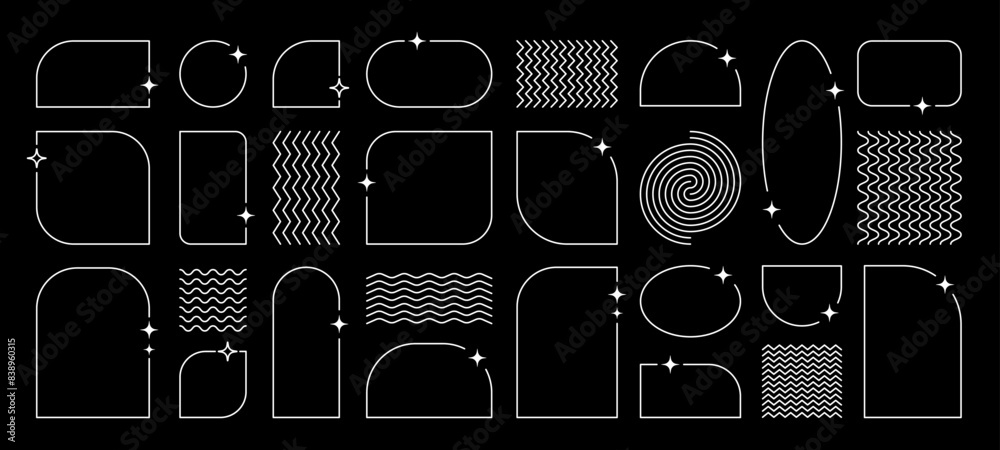 Poster Y2K white thin frames, empty borders with sparkles and line patterns, design element set in 2000s aesthetics. Vector illustration.