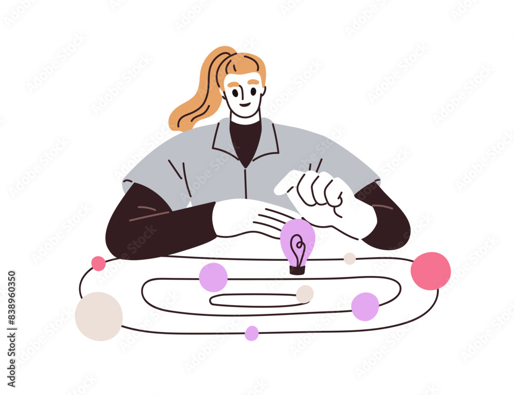 Poster Creating ideas process. Creative woman solving problems, thinking, studying, analyzing and brainstorming for insights. Chain of thoughts. Flat vector illustration isolated on white background