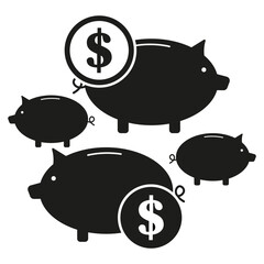 Piggy banks with coins. Saving money. Financial symbols. Vector icons.