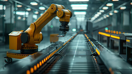 Robotic arm over conveyor belt  in factory