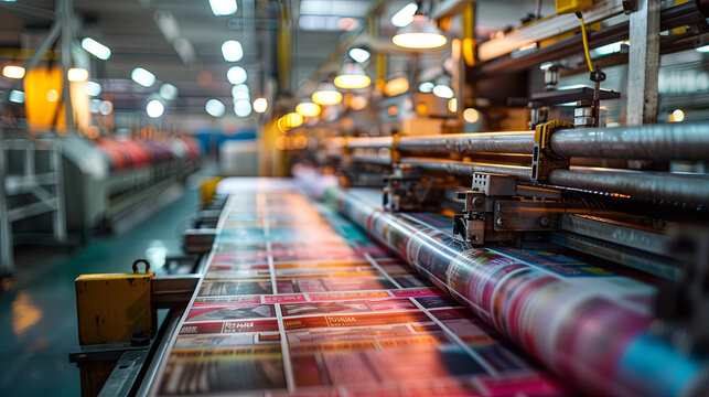 A large print shop utilizes a roll offset printing machine for the mass production of newspapers and magazines