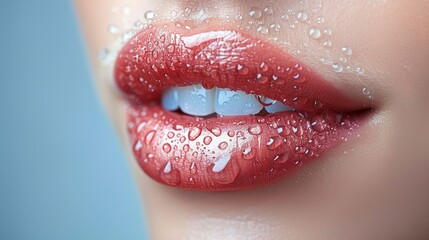 Close up of vibrant red lips adorned with water droplets on a serene blue background