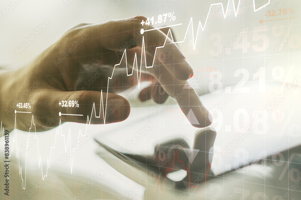 Poster abstract creative financial graph with finger clicks on a digital tablet on background, financial an