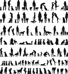 set of people and dogs, owner with dog on leash silhouette vector
