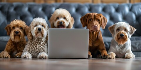 Dogs of labradoodle and boxer breeds attending an online conference on a laptop. Concept Dog Portraits, Online Conference, Funny Pets, Labradoodle Breed, Boxer Breed