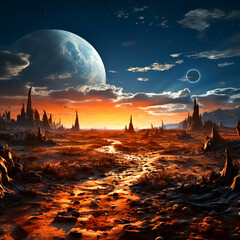 Alien Desert Landscape with Setting Sun and Planetary Skies