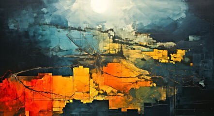 Vibrant Abstract Cityscape Painting with Bold Colors and Textured Brushstrokes Under a Bright Sun