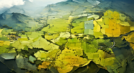 Aerial View of Vibrant Patchwork Farmland Landscape with Rolling Hills and Misty Mountains